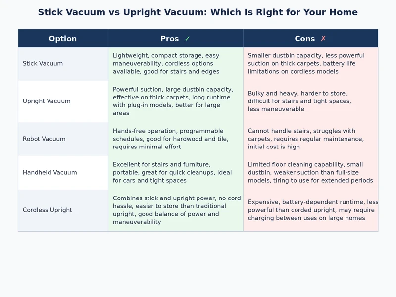 decision chart matching stick vacuum vs upright vacuum to different home types and floor layouts
