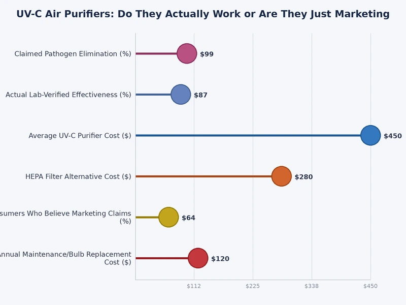 Bar chart comparing UV-C air purifier effectiveness against HEPA and activated carbon filtration across contaminant categories