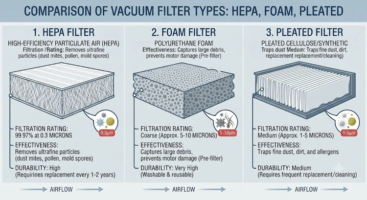 infographic showing types of vacuum filters explained with maintenance and replacement schedule