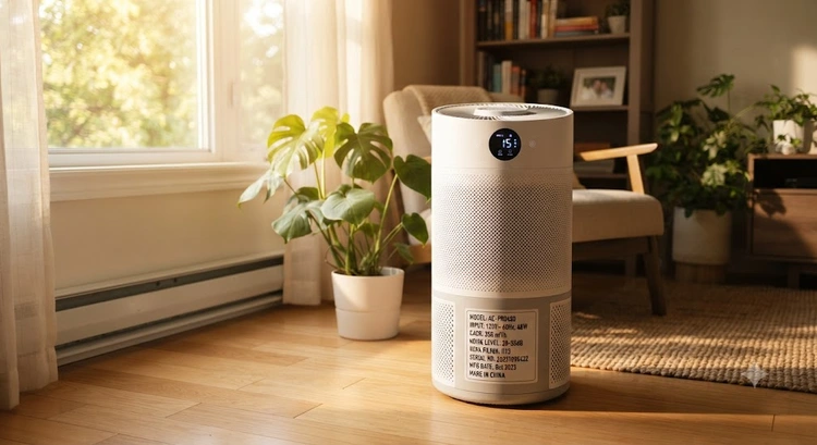 CADR rating air purifier explained — close-up of AHAM certification label showing smoke, dust, and pollen scores on product packaging