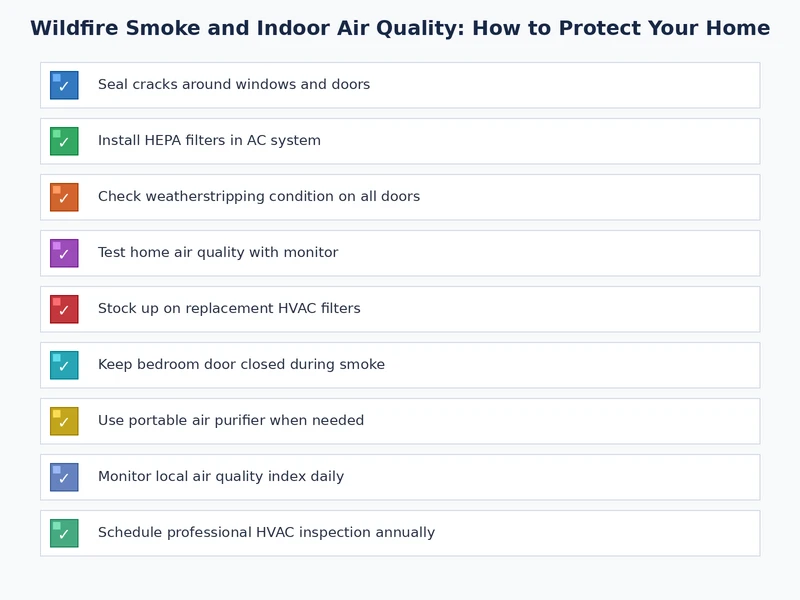 Wildfire smoke indoor air quality home preparation checklist covering filtration, HVAC upgrades, sealing, and monitoring steps