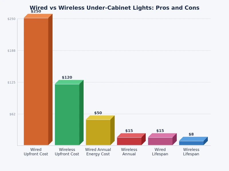 Bar chart comparing wired vs wireless under-cabinet lights on brightness, cost, installation time, and longevity
