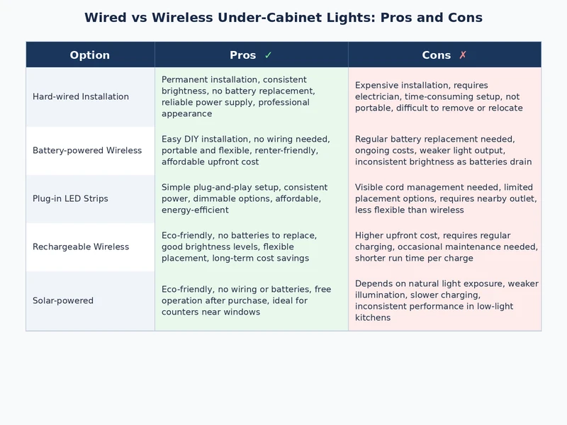 Comparison chart of wired vs wireless under-cabinet light specifications including cost and brightness